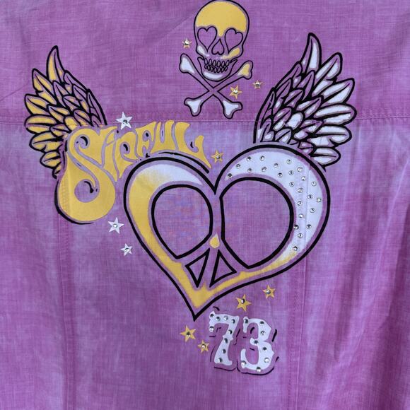 Sinful by Affliction Shirt Womens Small Y2K Angel Heart Wings Top Snap Button Up - Picture 9 of 13